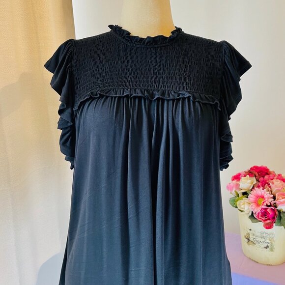 Cable & Gauge Black Short Sleeve Blouse with Frills & Smocking (L) New with Tag - Picture 4 of 7